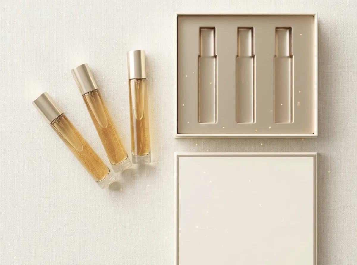 Coffret cadeau MYF ouvert : trois décants de parfum 10ml en verre et capuchon doré, posés à côté de leur écrin crème et or à trois emplacements